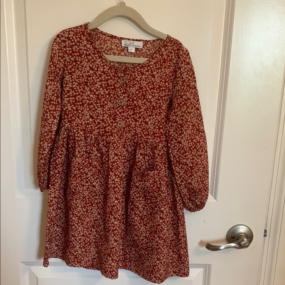 Charming Kids Floral Dress in Burnt Orange with Tan Flowers